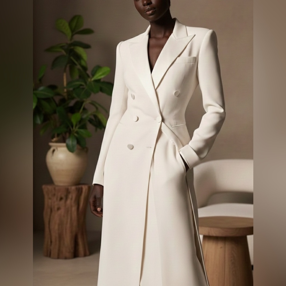 NEW $128 Ellenor Long Elegant Cream Double-Breasted Long Blazer